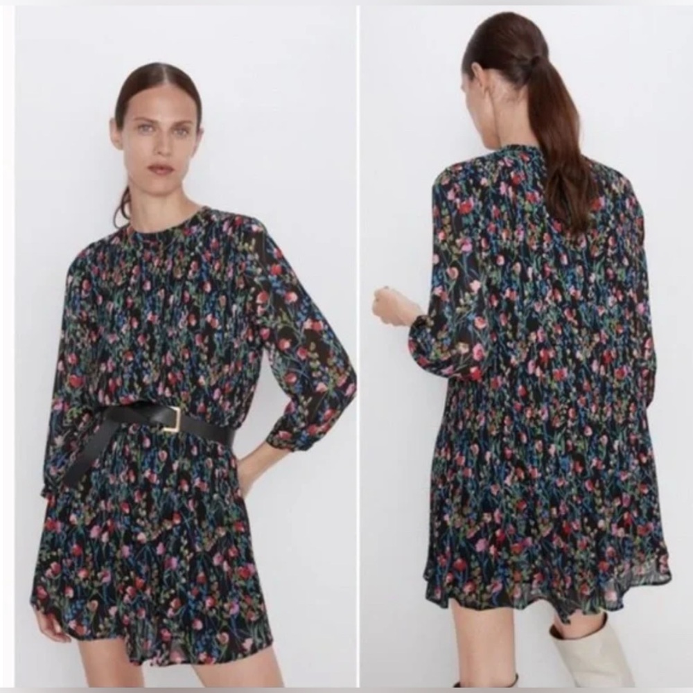 Zara Women’s Annie Lined Pleated Black Floral Print Mini Dress Size XS
